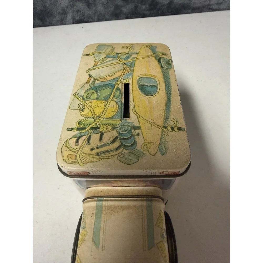 Vintage 1990's Children's Tin Truck Bank and Camping Bear Tin Can - Collectible